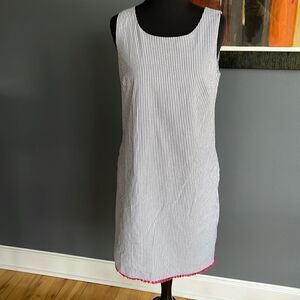 Heyton gray/white stripe seersucker midi shift. Fuschia fringed hem. New. Size 2